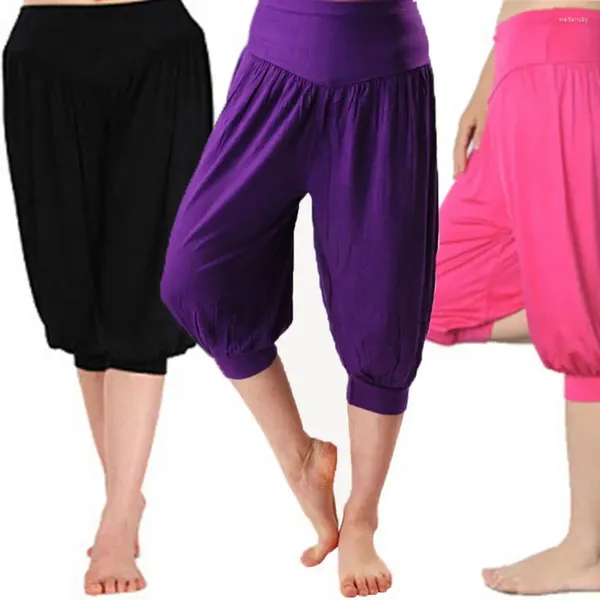 Damenhose, abgeschnitten, für Yoga, mit breitem elastischem Bund, für Tanz, Performance, Beinhose, Sommer, einfarbig