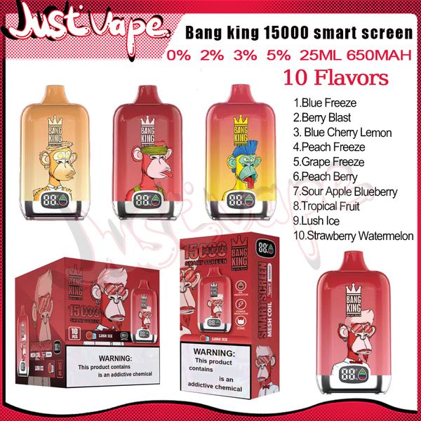 Bang King 15000 Smart Screen Puff Einweg-E-Zigaretten Mesh Coil 25 ml Pod 650 mAh Batterie Elektronische Zigaretten Puff 15K 0 % 2 % 3 % 5 % 10 Geschmacksrichtungen Vape Pen