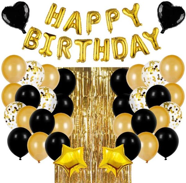 Partybevorzugung, Schwarzgold, Geburtstagsdekorationsset, Brief, glücklicher Ballon, Regen, Seidenvorhang, Babyparty-Dekoration, Luftballons