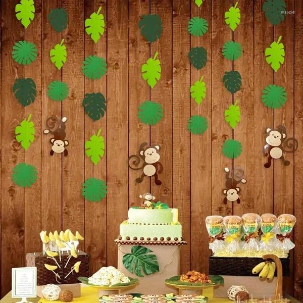 Decorazione per feste Scimmia Ritagli di foglie di palma Banner Scimmie Ghirlande Decorazioni Bambini Wild One Birthday Jungle Safari Animal Sfondo