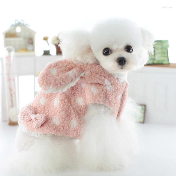 Abbigliamento per cani Abbigliamento caldo per cani di piccola taglia Simpatico cartone animato Vestiti rosa Vestito a pois con orecchie Bichon a quattro zampe