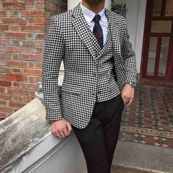 Abiti da uomo Blazer Blazer da uomo pied de poule e gilet pied de poule per abiti da sposa Smoking formali in tweed Abiti da uomo su misura Giacca + pantaloni + gilet Q230103