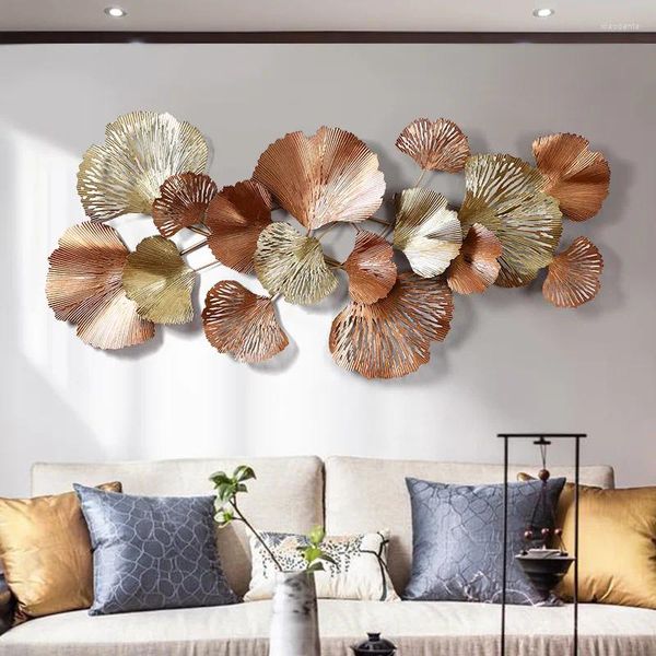 Estatuetas decorativas tapeçarias de parede decorações de folhas de ginkgo dourado tridimensional decoração de fundo de sala de estar