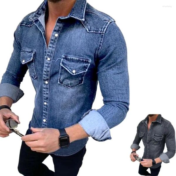Camisas casuais masculinas algodão dois bolsos fino elástico denim chemise homme primavera outono mens jeans camisa de manga longa para homens