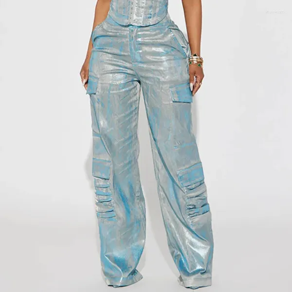 Kadınlar kot Cinessd Sokak Kişiselleştirilmiş Parlak Gümüş 2024 Bahar Düğmesi Cepleri İş giysisi tarzı gündelik düz pantolon WS160