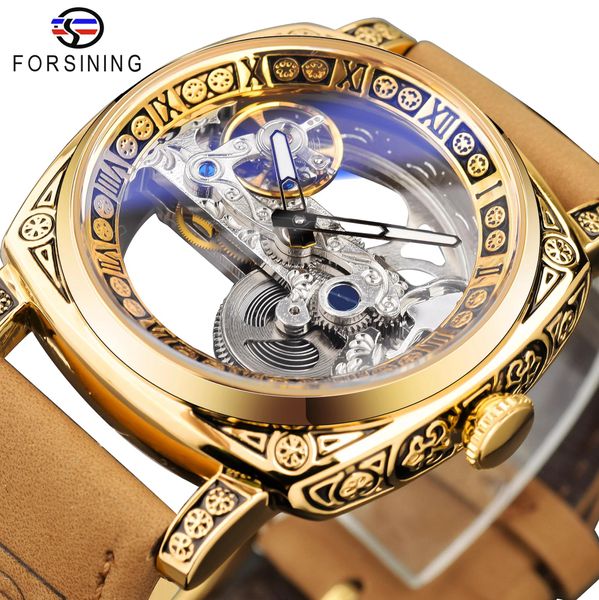 Zubehör Forsining Automatische Selfwind Herren Goldene Uhr Blaues Glas Mechanische Skeleton Armbanduhr Transparentes Gehäuse Mannuhren
