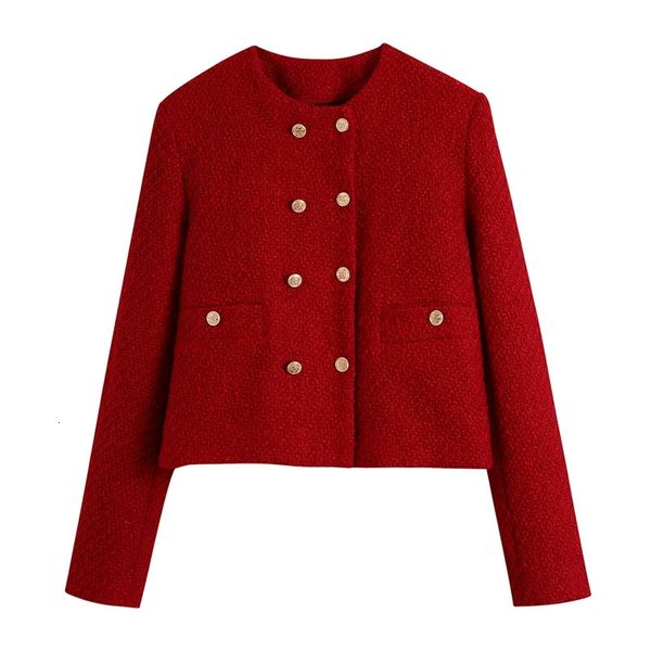 Koleksiyon Kadınlar Vintage Red Tweed Blazer Kadın Uzun Kollu Zarif Ceket Bayanlar Mahsul Blazer Takım Takımları Kadın İçin 240102