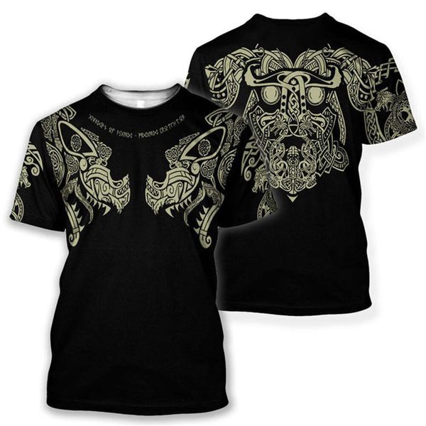 Camiseta personalizada transfronteiriça de verão, venda quente de camisetas masculinas europeias e americanas, série Viking com estampa completa de manga curta casual