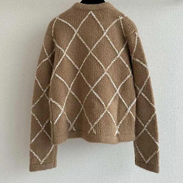 Damen-Strick-Cardigan aus hochwertiger Wolle, Kaschmir-Mischung, Rautenstrick-Cardigan, schicker Designer-Skianzug mit O-Ausschnitt in Khaki, Retro-Stil, lässig, einreihig