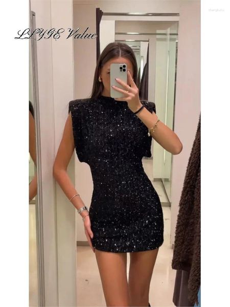 Casual Kleider Sexy Pailletten Mini Kleid Frauen Elegante Oansatz Hülse Glänzende Kurze Weibliche 2024 Chic Weihnachten Abend Party Vestidos