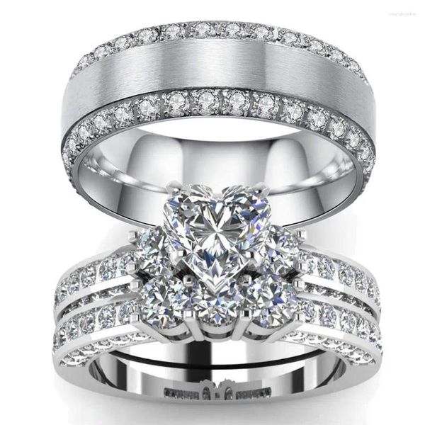 Cluster Ringe Mode Paar Luxus Frauen Herz Strass Zirkon Braut Set Männer Edelstahl CZ Ring Hochzeit Band Schmuck Geschenk