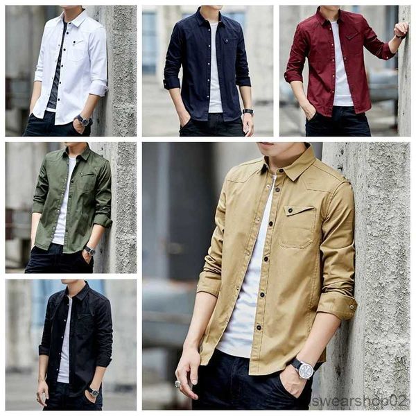 Camisas casuais masculinas camisas masculinas casual militar camisa de algodão vermelho fino ajuste com bolso manga longa jaqueta vintage streetwear gota