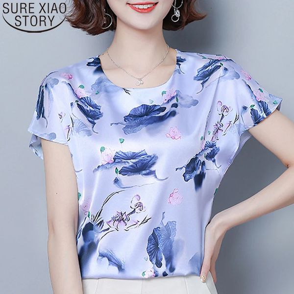 Женские блузки больших размеров, летние рубашки с цветочным принтом, элегантные шелковые корейские свободные повседневные блузки с короткими рукавами, модные 240102