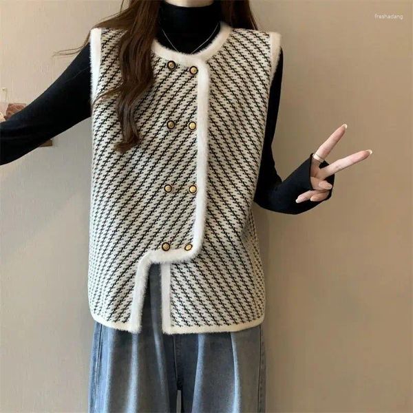 Tanques femininos tripulação pescoço cardigan duplo breasted listrado retalhos outono e inverno moda assimétrico sem mangas colete casaco topos