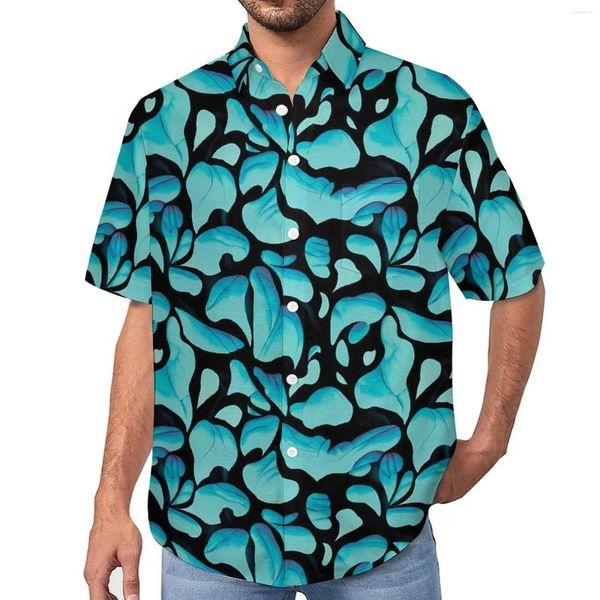 Camicie casual da uomo Camicia da spiaggia con stampa foglie blu Foglie astratte Estate Uomo Camicette streetwear Manica corta Design Abbigliamento Taglie forti