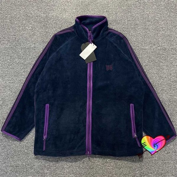 Giacche da uomo Pile polare AWGE Needles Jacket Uomo Donna Purple Stripe ricamato con aghi Farfalla Giacca High Street Outwear Cappotti J240103