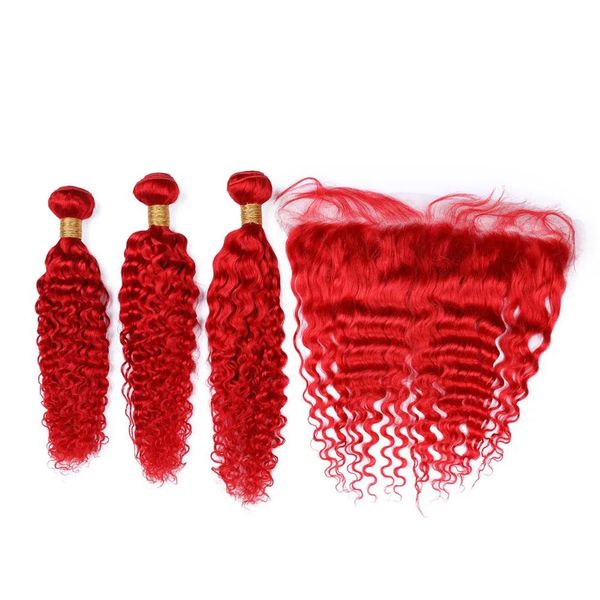 Extensões de cabelo malaio de onda profunda vermelha pura com frontal brilhante vermelho ondulado pacotes de cabelo humano 3pcs com fechamento frontal de renda
