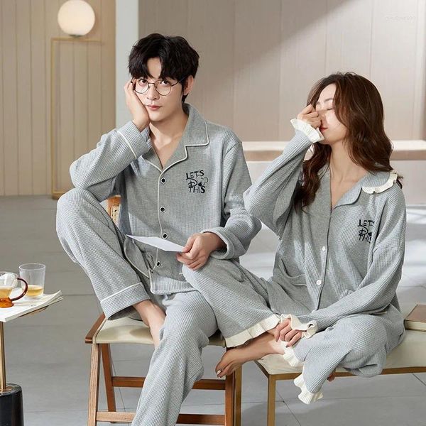 Женская одежда для сна 2024, корейские пижамные комплекты для пар, весенне-осенний тонкий картонный женский и мужской длинный костюм, домашняя одежда, подарочный пижамный комплект