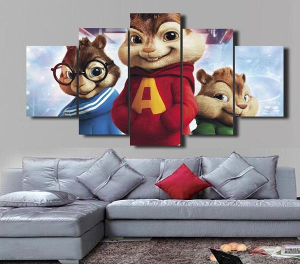 5 PcsSet Alvin e os Esquilos HD Arte Decorativa Imagem Configuração Pintura Em Tela Para Sala de estar Decoração de Casa DH0205349426