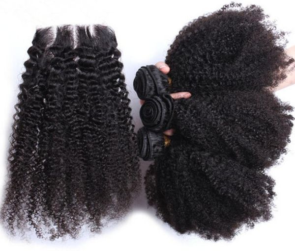 Brasilianische 44 Top Verschluss Mit Haar Bundles Natürliche Farbe Menschliches Haar Afro Verworrene Lockige 3Pcs Menschliches Haar Mit Spitze verschluss 4PcsLot7575627