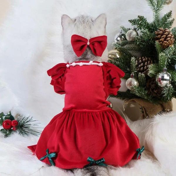 Katzenkostüme Haustierrock Elegantes Weihnachtskleid mit rotem Schleifenkopfschmuck für Hundeprinzessin-Kostümzubehör