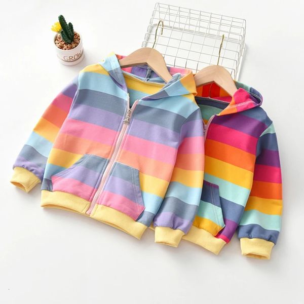 Autunno Neonate Felpa con cappuccio Giacca Maglia maglione per bambini Maglietta a maniche lunghe a righe arcobaleno Maglietta per bambini Felpa con cerniera Cappotto per bambino 240103