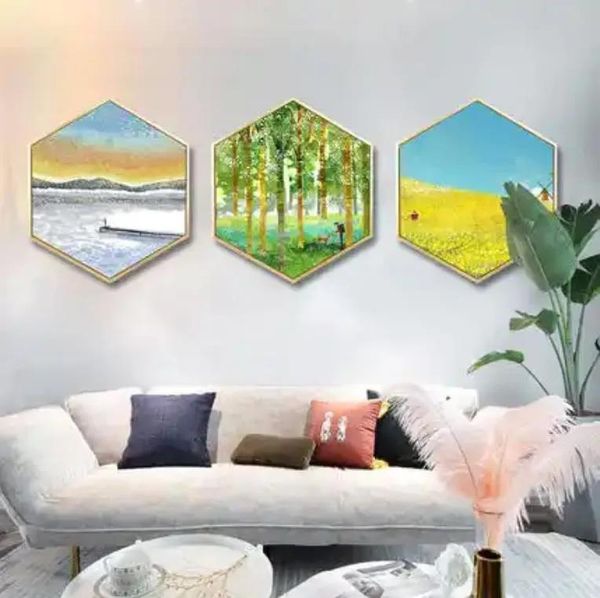 Pinturas hexágono plano diamante incrustado cristal porcelana pintura abstrata geométrica arte de parede em forma de decoração de parede de casa moderna