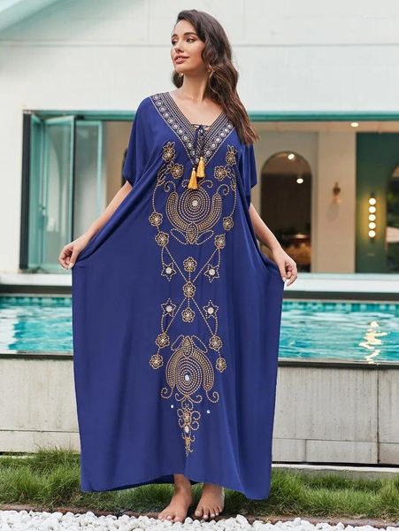 Roupa de banho feminina azul marinho bordado floral kaftans para mulheres maxi vestidos de praia 2024 encobrir trajes de banho de férias beachwear