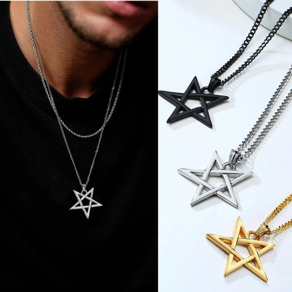 Pentagramm-Pentagramm-Anhänger-Halskette, 14-karätiges Gold, Pentagramma, stapelbar oder einzeln zu tragen, Herren-Halskette mit 24 Zoll