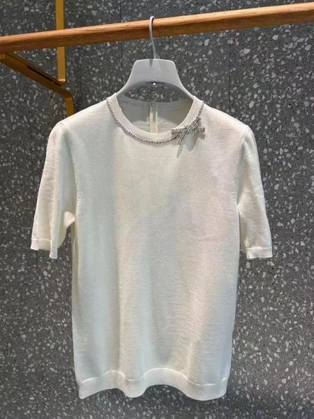 T-shirt da donna 2024 Autunno/Inverno Bianco e Nero Fiocco con diamanti Girocollo Sciolto Manica corta Maglia Donna Top