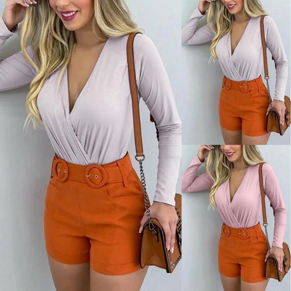 Roupas étnicas Mulheres Camisetas Vinho Mulheres Profundo V-Pescoço Manga Longa Envoltório Frente Sólida Slim Dressy Top Gráfico Blusa Pintores Roupas Mulheres