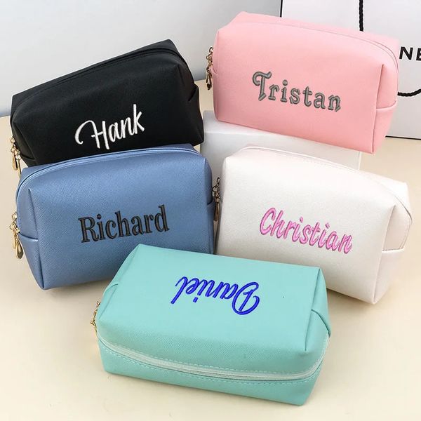 Bolsa de maquiagem bordada personalizada, portátil, quadrada, à prova d'água, pu, grande capacidade, suprimentos para viagem, casamento 240102