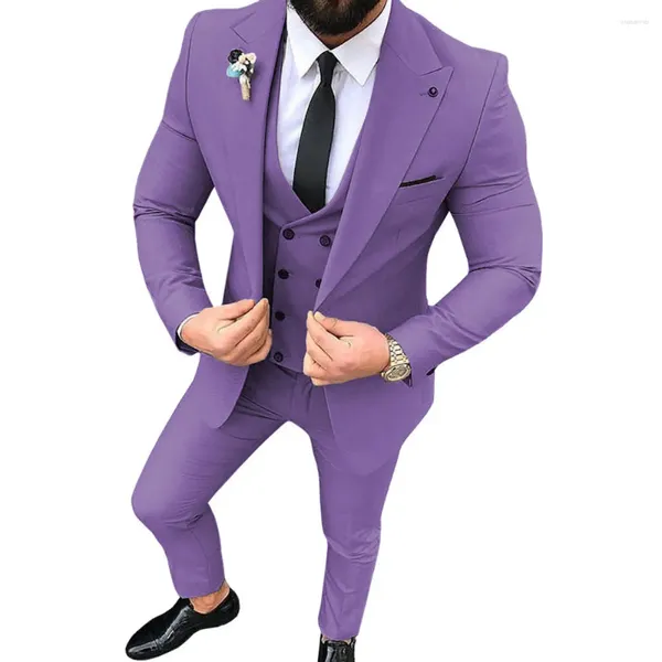 Ternos masculinos terno elegante roxo único botão negócios escritório wear casamento noivo banquete masculino fino ajuste jaqueta colete e calças 3 peça conjunto