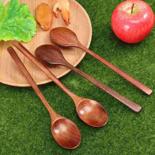 Colheres 4 Pcs Utensílios de madeira de mesa ecológicos para comer sopa cozinha punho longo