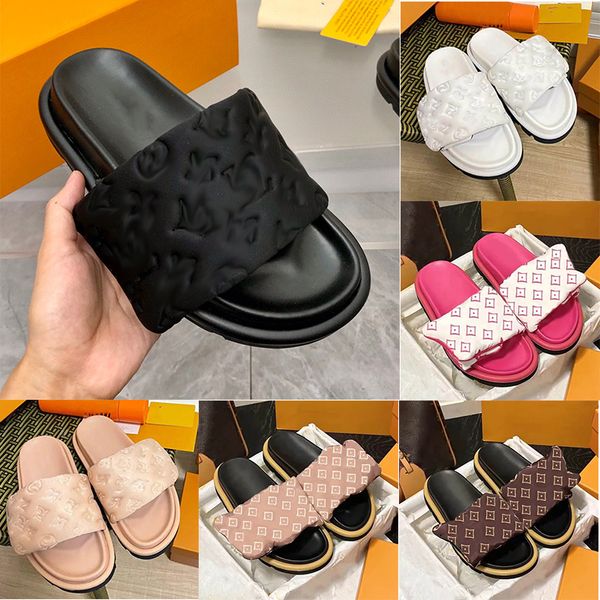 Sandali Famosi designer Donne Coppie Pantofole con cuscino da piscina Scivoli in pelle da donna Sandali con piattaforma di marca di lusso Scarpe basse estive Ciabatte da spiaggia alla moda