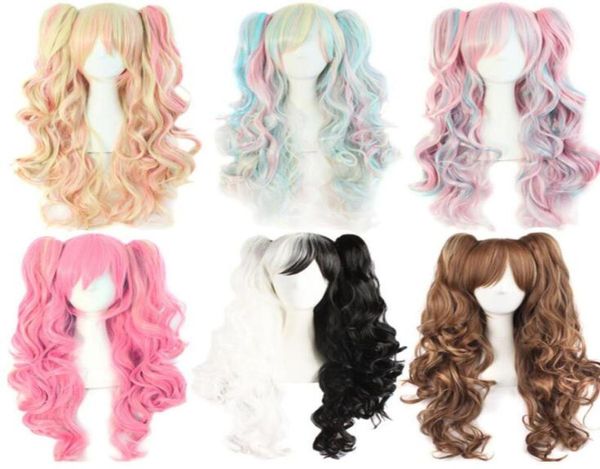 Peruca longa ondulada para cosplay, 65cm, roxo, rosa, ombre, dois rabos de cavalo, cabelo sintético, resistente ao calor, para mulheres 9542955