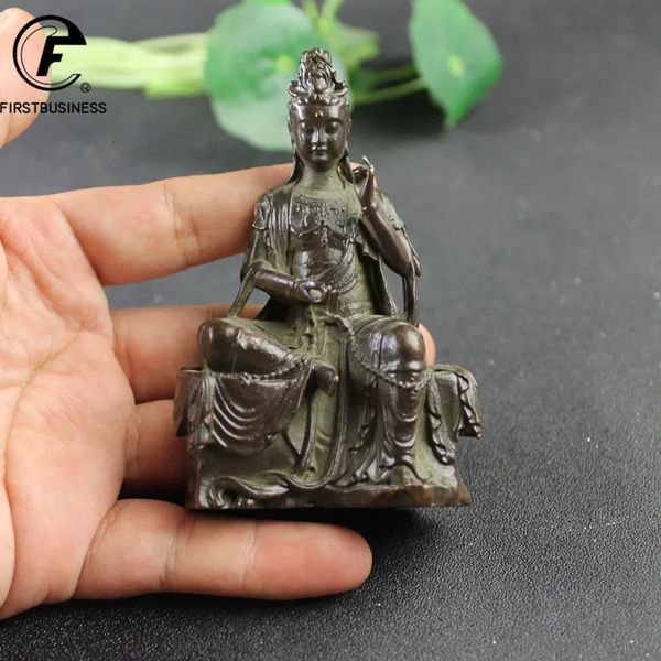 Antike Kupferbank Guanyin Bodhisattva Statue Desktop Ornament Buddha Figuren Glück Feng Shui Home Dekore Handwerk Zubehör 240103