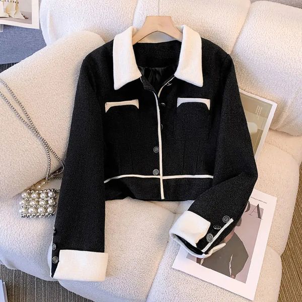 Cappotto nero da profumo da donna 2023 Autunno Nuova giacca da lavoro con patch in bianco e nero risvolto manica lunga bel design francese Top 240103