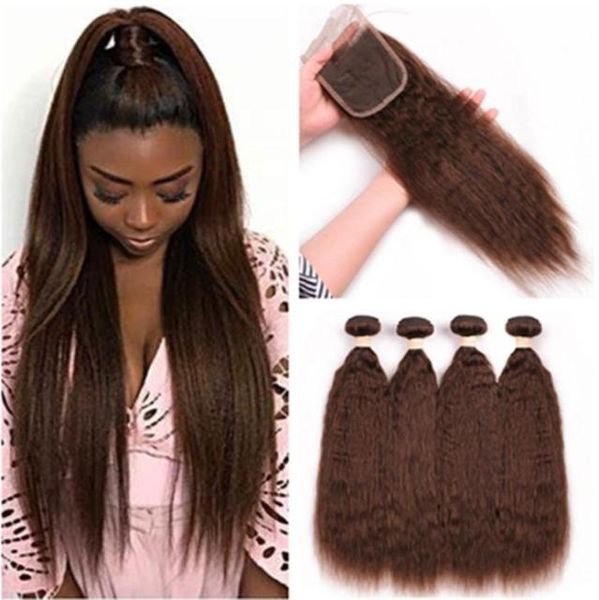 4 pacotes de cabelo malaio reto marrom médio com fecho chocolate marrom grosso yaki cabelo humano 4 pacotes com fechamento de renda38162969