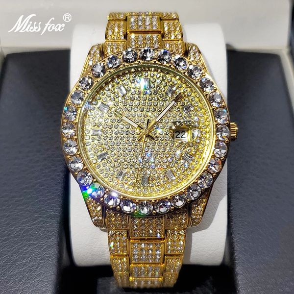 Missfox relógios masculinos 18k ouro cheio de diamante luxo relógio de quartzo para homem à prova dwaterproof água hip hop relógio de pulso festa jóias gota 240102