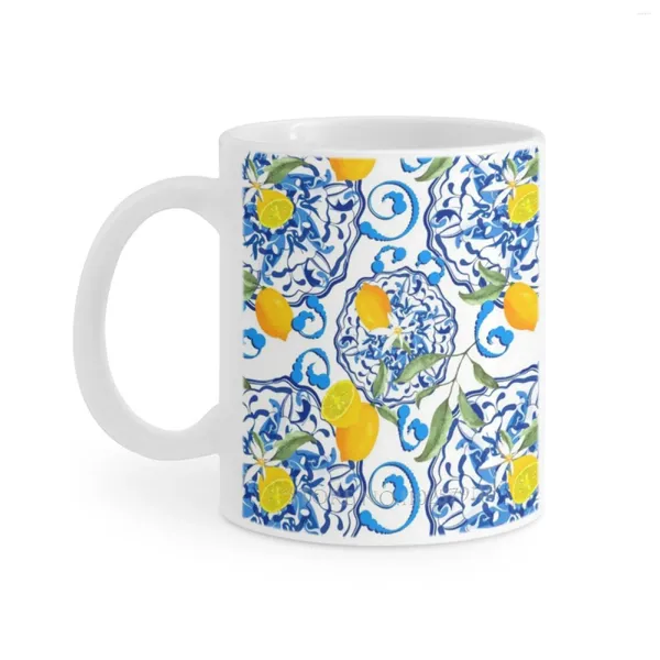 Tassen, Sommer, Zitrusfrüchte, Mosaik-Hintergrund, mediterraner Stil, Obst, weiße Tasse, Kaffeetassen, Teetasse, Geburtstagsgeschenk, Milch und