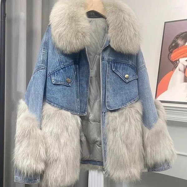 Damen Trenchcoats 2024 Winter Kunstpelz Parka Patchwork Jacke Lässiger Mantel mit großem Kragen Verdickte Denim-Oberbekleidung