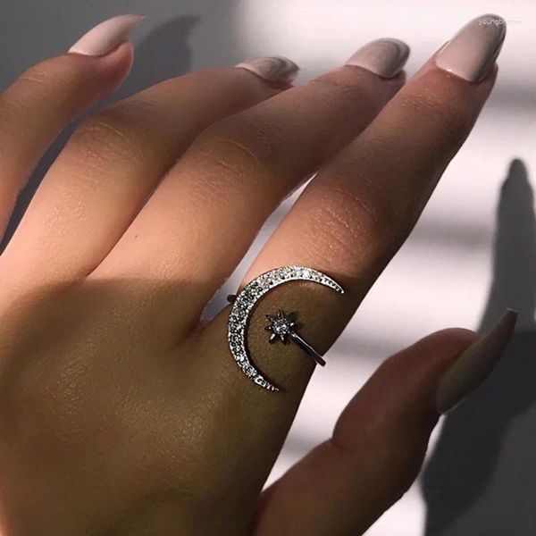 Кольца со звездами и луной, винтажное кольцо в стиле панк, регулируемое женское вечернее очарование, ювелирные изделия дружбы, блестящие кристаллы, открытый палец