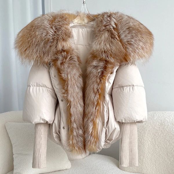 Frauen Winter Mantel Weiße Gans Unten Jacke Mit Großen Echt Silber Fuchs Pelz Kragen Weibliche Lose Oberbekleidung Mode Mantel 240102