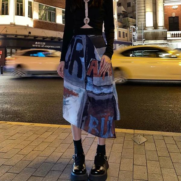 Röcke MEXZT Punk Midi Rock Frauen Streetwear Graffiti Print Unregelmäßige Harajuku Gothic Koreanische Mode Hohe Taille EINE Linie