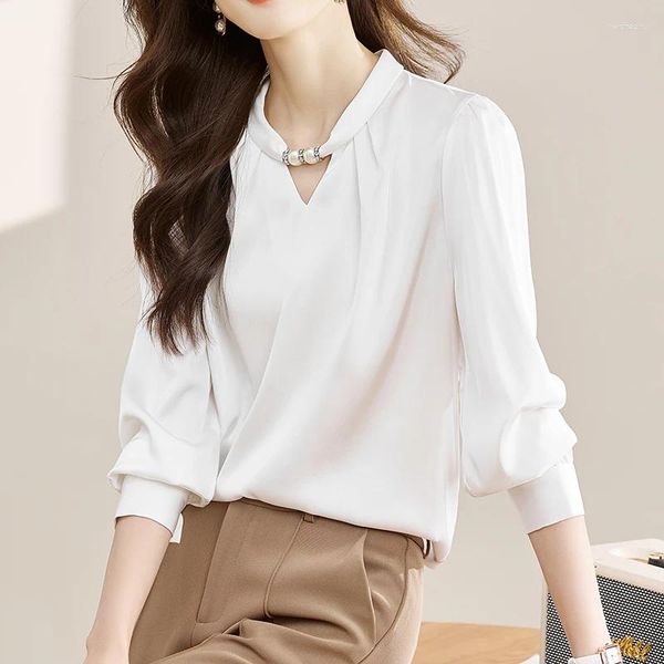 Blusas femininas qoerlin elegante cetim camisas brancas manga longa primavera outono blusa gola frisada elegante escritório senhoras pullovers