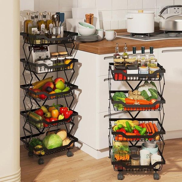 Rack multicamadas de armazenamento de cozinha, cestas dobráveis convenientes, multifuncional, frutas, vegetais, polia universal, carrinho