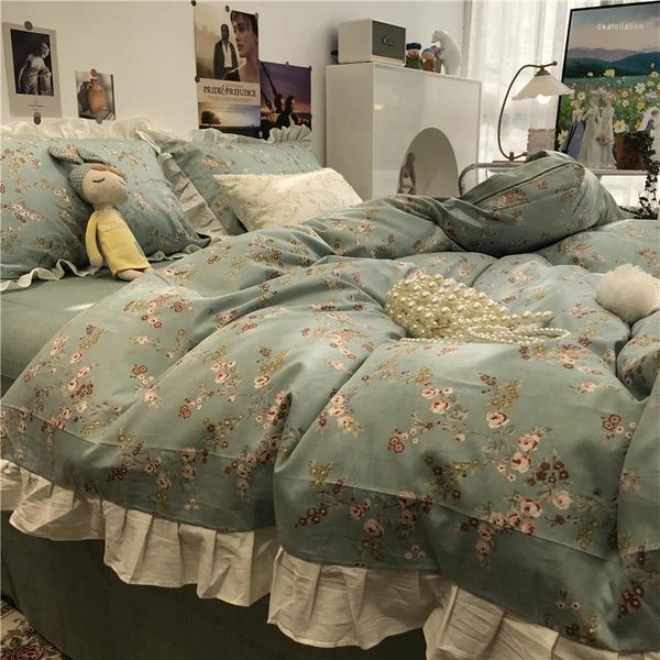 Conjuntos de cama Europeu e Americano Estilo Retro Lace Pastoral Pequena Cama Floral Conjunto de Quatro Peças Todo Algodão Puro Quilt Cover Azul