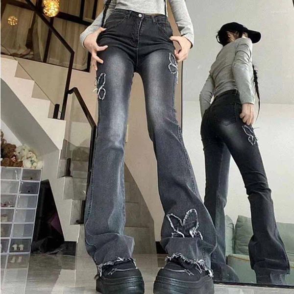 Jeans femininos sexy baixo aumento flare mulheres personalidade borboleta bordado remendo vintage femme estiramento skinny bellbottom denim calças