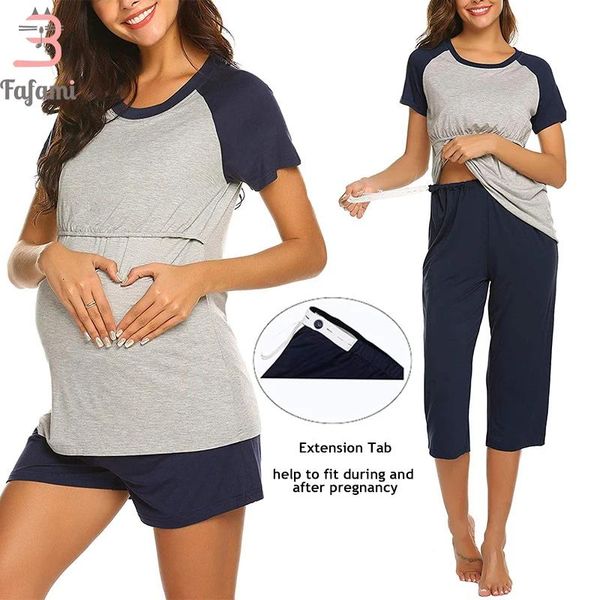 Saias pamas conjunto para mulheres grávidas pijamas de maternidade roupas de enfermagem verão algodão amamentação pijamas casa wear topos + shorts